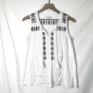 Lucky Brand Womens Sleeveless Embroidered Lace Boho Peasant Top White Size S